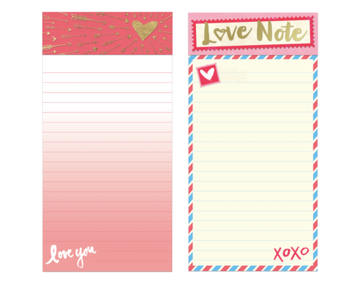 Valentine's themed list pads for TJMaxx, Marshalls, and HomeGoods for 2015 and 2016. Skills: Stationery design.